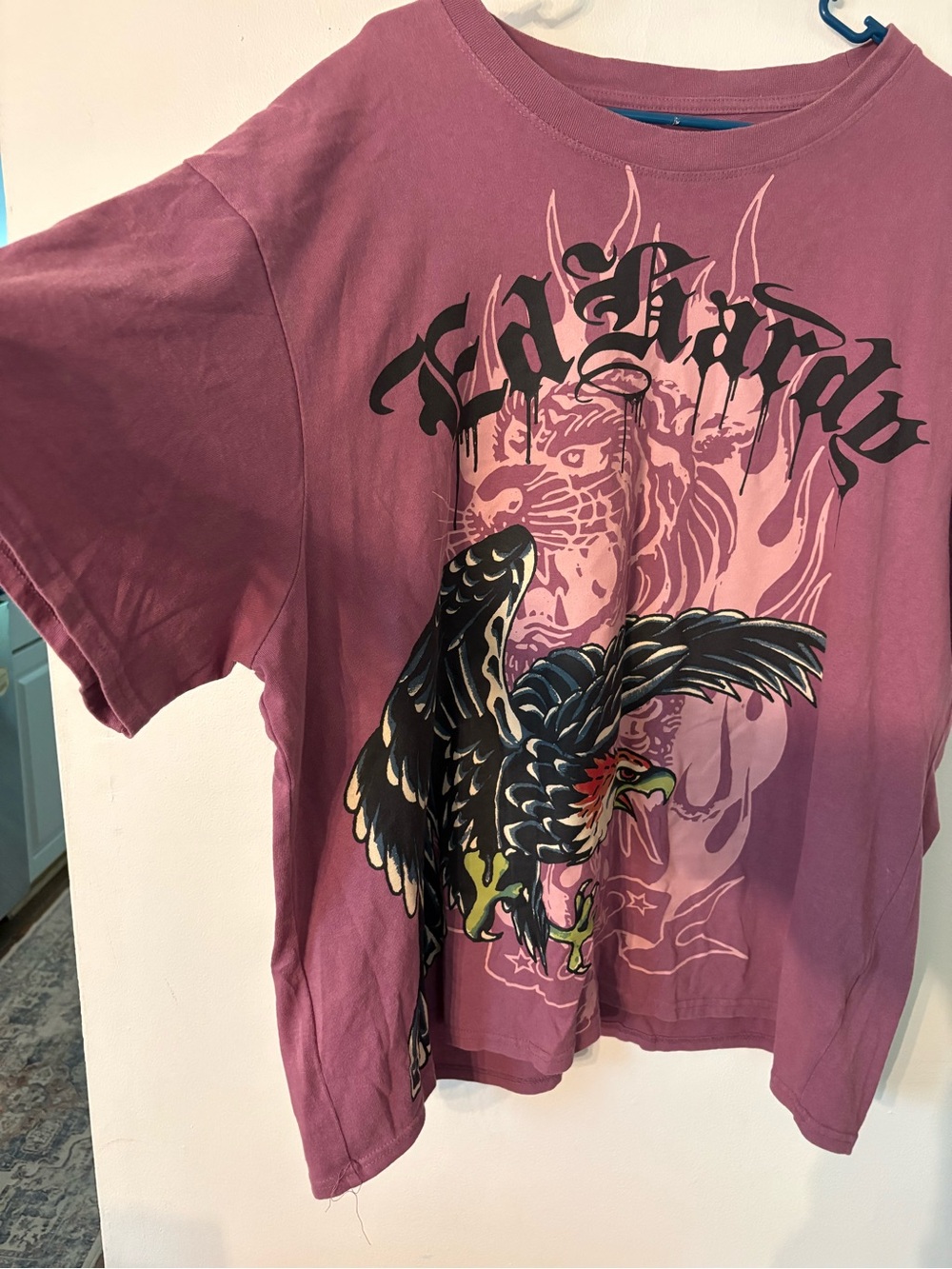 Ed Hardy Burgundy Graphic Short Sleeve Tee with Black Eagle Print - Picture 2 of 5